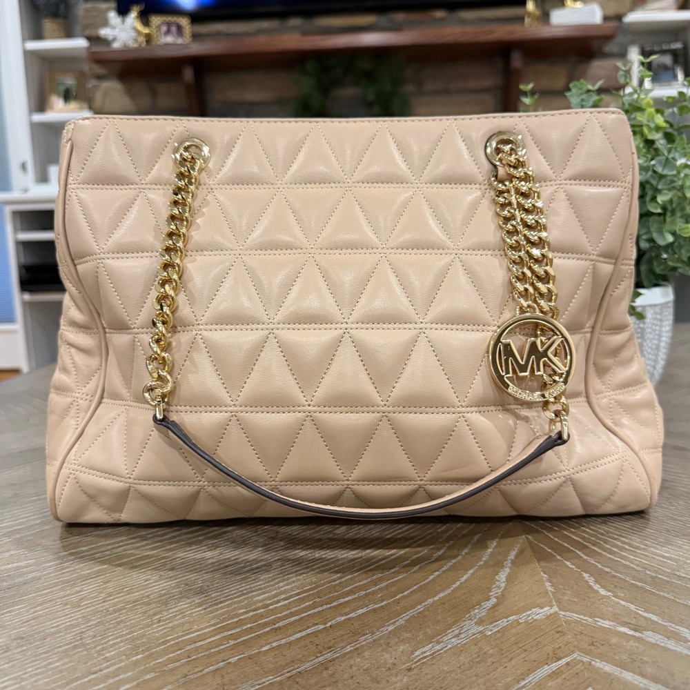 Michael Kors Scarlett Beige Large Leather Satchel Tote Bag $398 Retail